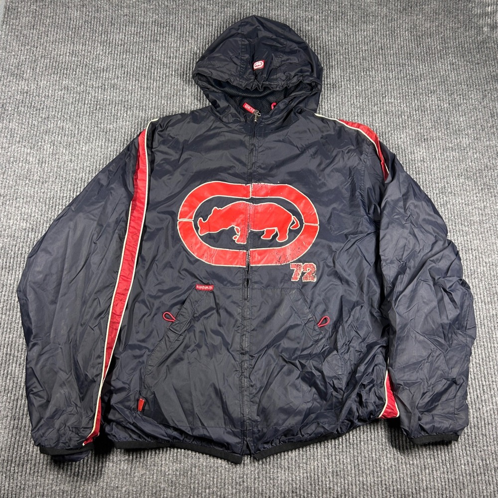 Ecko Unltd Jacket Mens L Navy Blue Red Rhino Logo Hooded Windbreaker